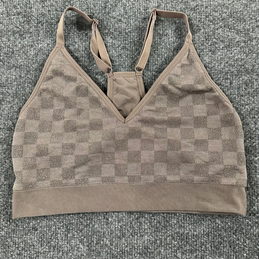 Pink Active Sports Bra Womens Size L Brown Metallic Checkered Seamless V-Neck
